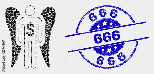 Dot angel investor mosaic icon and 666 seal stamp. Blue vector round grunge seal stamp with 666 caption. Vector collage in flat style. Black isolated angel investor mosaic of randomized dots,