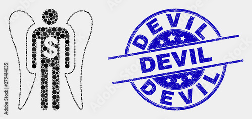 Pixel angel investor mosaic icon and Devil seal stamp. Blue vector round distress seal stamp with Devil caption. Vector composition in flat style.