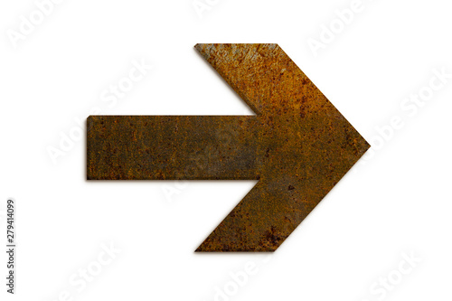 Arrow sign directional symbol made of 3D rusty metal grungy texture and isolated on seamless white background.