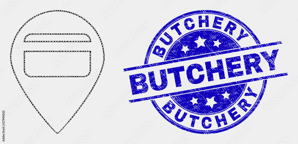 Fototapeta premium Dotted bank card pointer mosaic icon and Butchery seal. Blue vector round grunge stamp with Butchery phrase. Vector composition in flat style.