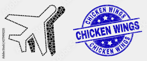 Pixelated aviation mosaic icon and Chicken Wings seal stamp. Blue vector rounded grunge seal stamp with Chicken Wings message. Vector combination in flat style.