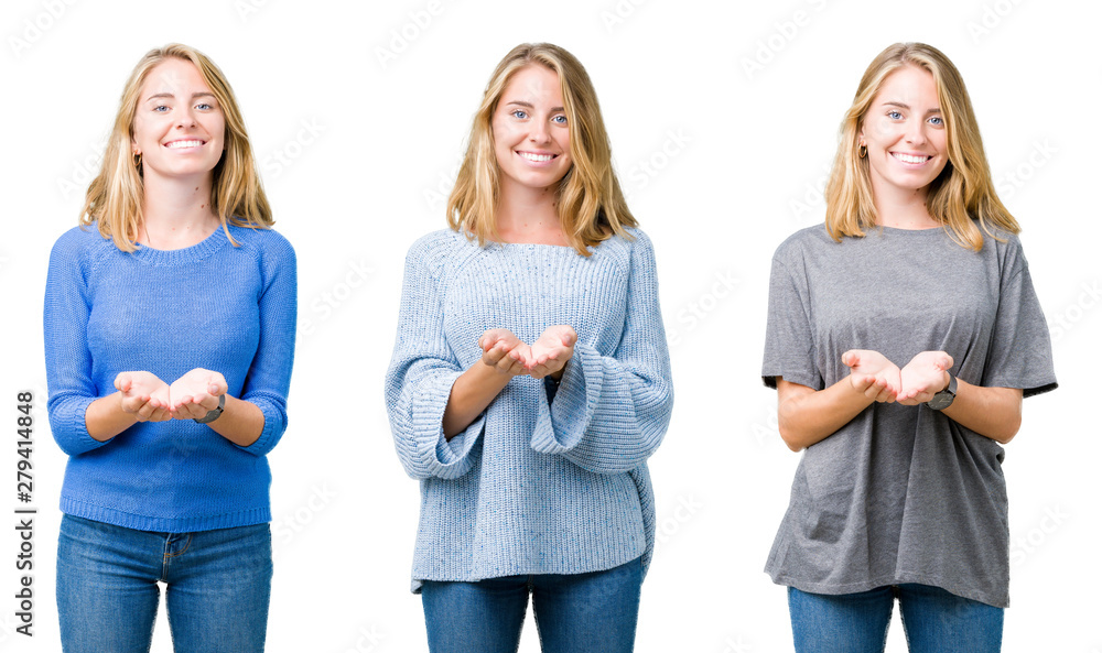 Obraz premium Collage of beautiful blonde woman over white isolated background Smiling with hands palms together receiving or giving gesture. Hold and protection