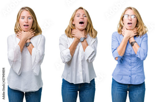 Collage of beautiful blonde business woman over white isolated background shouting and suffocate because painful strangle. Health problem. Asphyxiate and suicide concept.