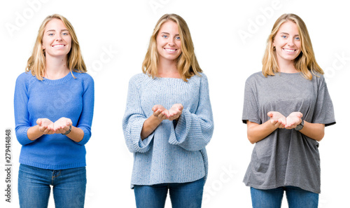 Collage of beautiful blonde woman over white isolated background Smiling with hands palms together receiving or giving gesture. Hold and protection