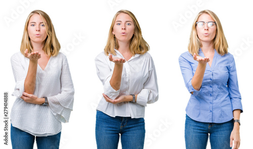 Collage of beautiful blonde business woman over white isolated background looking at the camera blowing a kiss with hand on air being lovely and sexy. Love expression.