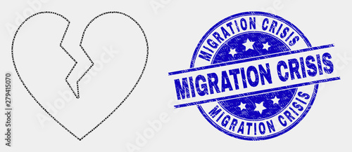 Dotted broken heart mosaic pictogram and Migration Crisis watermark. Blue vector round grunge watermark with Migration Crisis message. Vector composition in flat style.