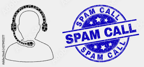 Pixelated call center operator mosaic icon and Spam Call seal stamp. Blue vector rounded scratched seal stamp with Spam Call phrase. Vector combination in flat style.
