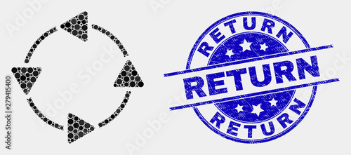 Dot CCW circulation arrows mosaic pictogram and Return seal stamp. Blue vector round distress seal stamp with Return title. Vector composition in flat style.
