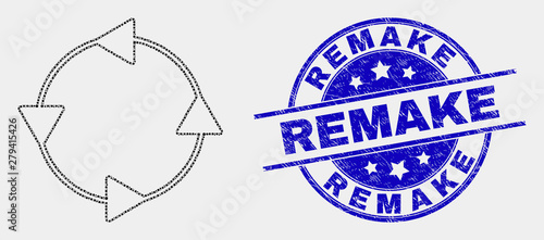 Dot CCW circulation arrows mosaic icon and Remake seal. Blue vector rounded scratched seal stamp with Remake phrase. Vector composition in flat style.