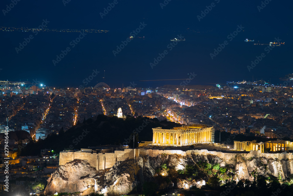 Night view of Acropolis in Athens in Greece. A famous touristic destination.
