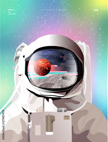 Vector illustration of a portrait of an astronaut in a spacesuit in space with planets, gradient abstract background for a poster, banner or cover