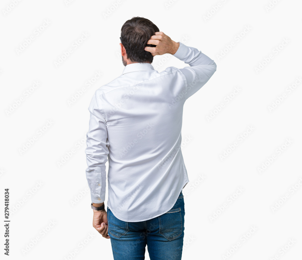 Handsome middle age elegant senior business man wearing glasses over isolated background Backwards thinking about doubt with hand on head Handsome middle age elegant senior business man wearing glasses over isolated background Backwards thinking about doubt with hand on head