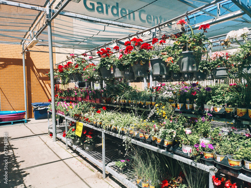 Toronto, Ontario, Canada - June 30, 2019: Garden Centre in Canadian Walmart supermarket store with flowers and plants in pots on shelves. photo