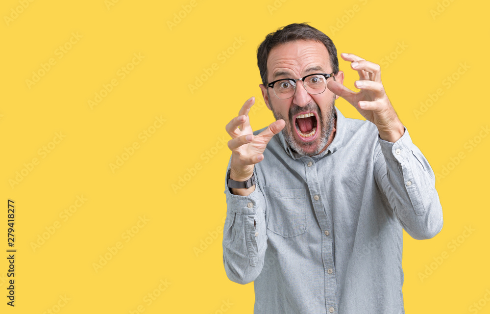 Handsome middle age elegant senior man wearing glasses over isolated background Shouting frustrated with rage, hands trying to strangle, yelling mad Handsome middle age elegant senior man wearing glasses over isolated background Shouting frustrated with rage, hands trying to strangle, yelling mad
