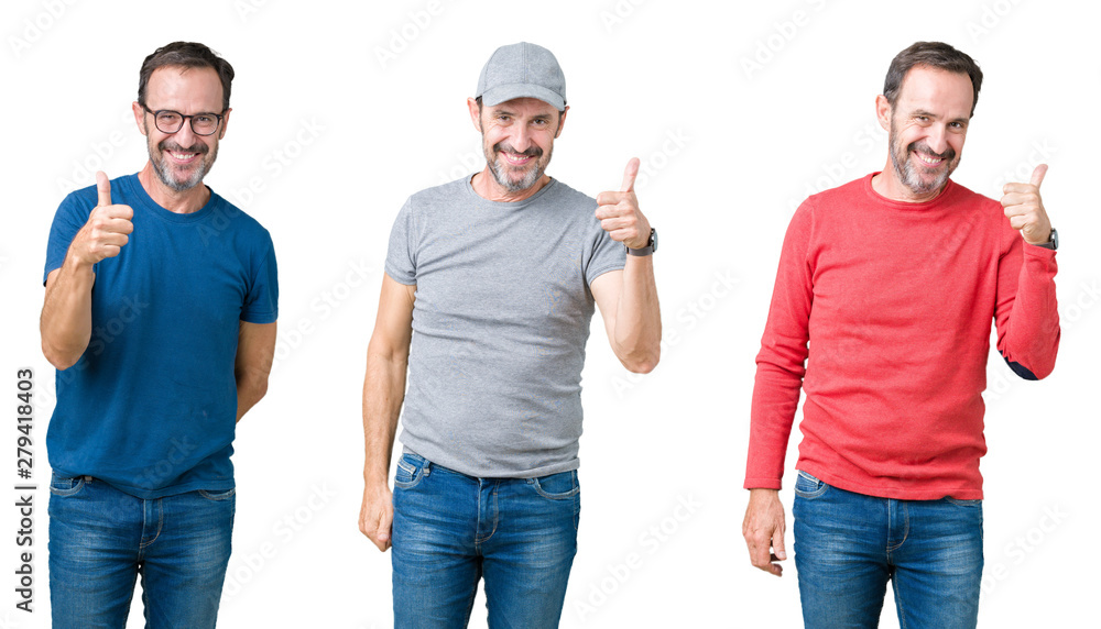 Collage of handsome senior man over white isolated background doing happy thumbs up gesture with hand. Approving expression looking at the camera showing success. Collage of handsome senior man over white isolated background doing happy thumbs up gesture with hand. Approving expression looking at the camera showing success.