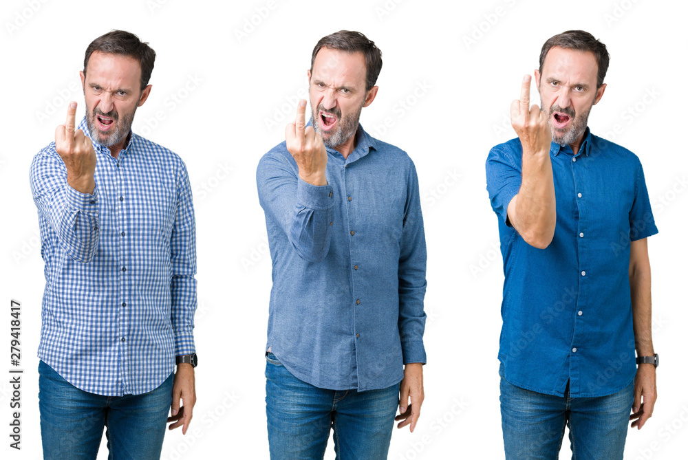Collage of handsome senior man over white isolated background Showing middle finger, impolite and rude fuck off expression Collage of handsome senior man over white isolated background Showing middle finger, impolite and rude fuck off expression