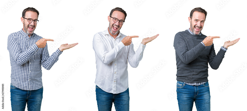 Collage of handsome senior business man over white isolated background amazed and smiling to the camera while presenting with hand and pointing with finger. Collage of handsome senior business man over white isolated background amazed and smiling to the camera while presenting with hand and pointing with finger.