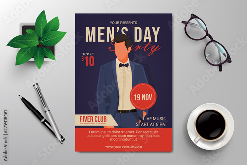 international men's day party flyer template vector, retro design with man cartoon icon character