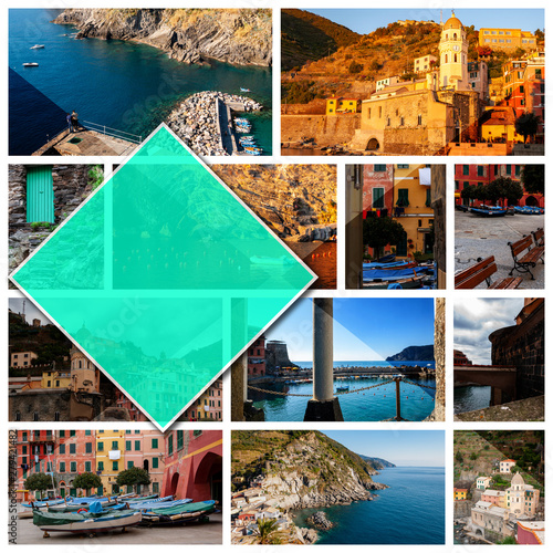 Collage photos of Cinque Terre, Italy, in 1:1 format. Vernazza, a beautiful seaside town and fishermen, a popular tourist destination for beach holidays and monitoring in unspoiled nature.