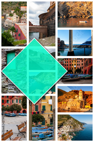 Collage photos of Cinque Terre, Italy, in 2:3 format. Vernazza, a beautiful seaside town and fishermen, a popular tourist destination for beach holidays and monitoring in unspoiled nature.