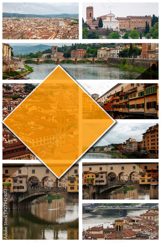 Collage photos of Florence, Italy, in 2:3 format. UNESCO heritage and seat of the Italian Renaissance, rich in famous monuments and works of art. Arno river and "Ponte Vecchio"..