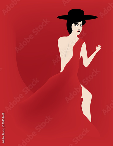 An attractive girl wears a stylish red dress in a minimalist fashion and beauty illustration.