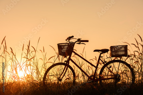 beautiful landscape image with Silhouette vintage Bicycle at sunset.classic bicycle, for greeting Cards ,post card