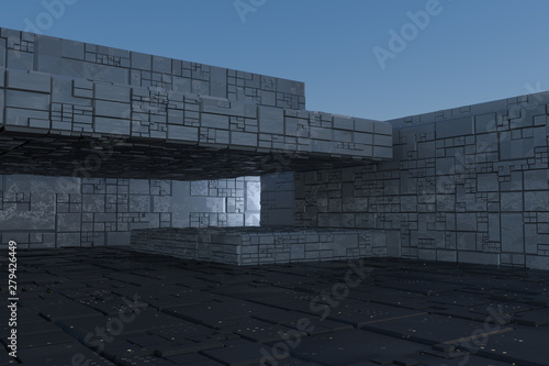 Dark ruins with circuit texture wall  sci-fi architecture background  3d rendering.