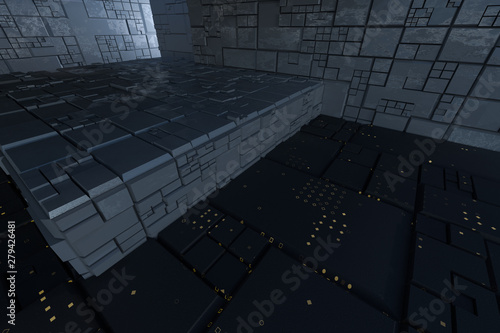 Dark ruins with circuit texture wall, sci-fi architecture background, 3d rendering. © Vink Fan