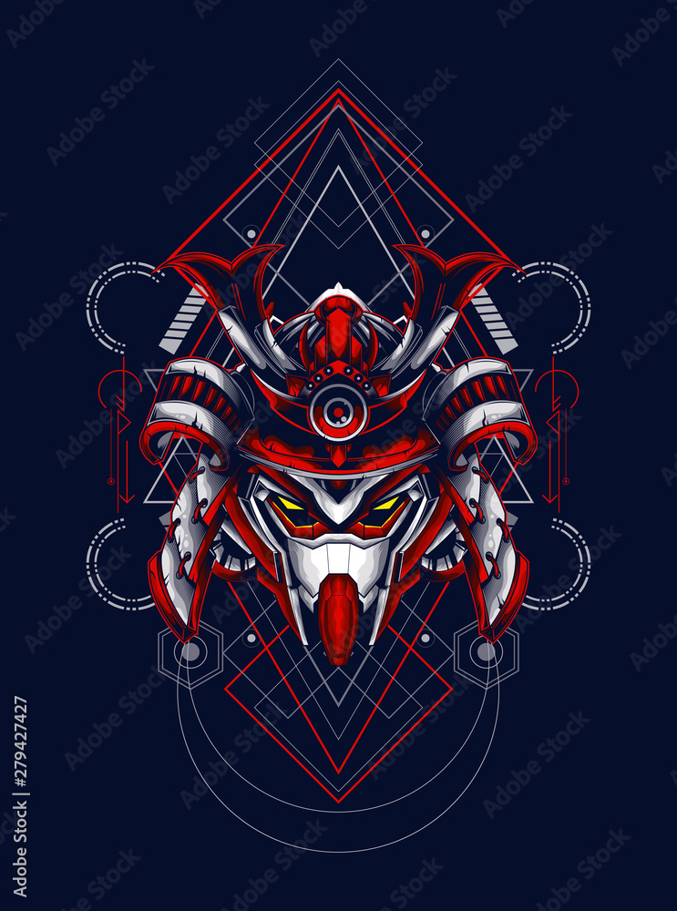 head robot mecha head samurai logo illustration with sacred geometry pattern as teh background head robot mecha head samurai logo illustration with sacred geometry pattern as teh background