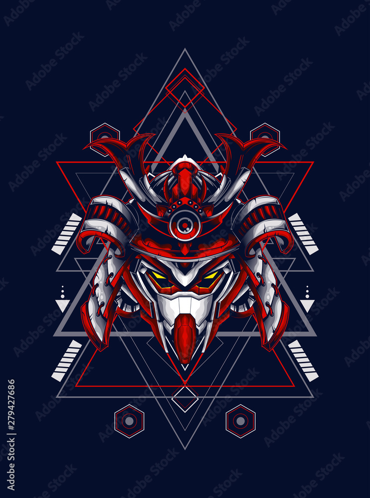 head robot mecha head samurai logo illustration with sacred geometry pattern as teh background head robot mecha head samurai logo illustration with sacred geometry pattern as teh background