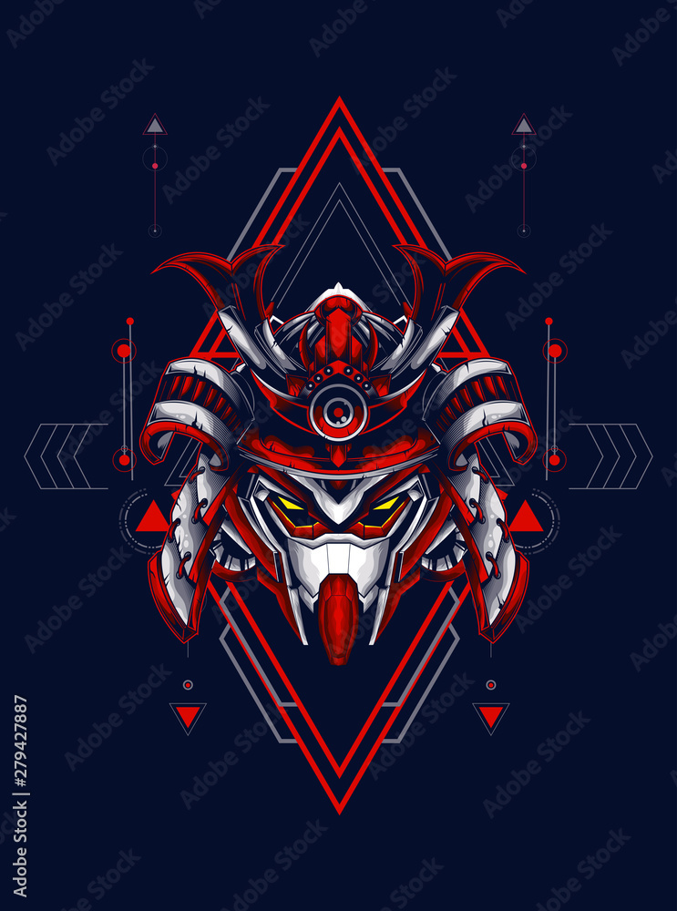 head robot mecha head samurai logo illustration with sacred geometry pattern as teh background head robot mecha head samurai logo illustration with sacred geometry pattern as teh background