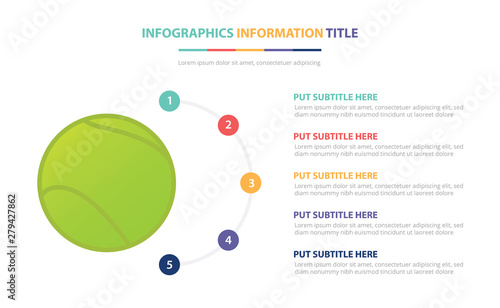 tennis infographic template concept with five points list and various color with clean modern white background - vector
