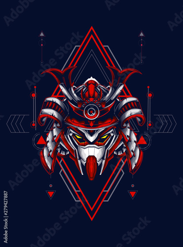 head robot mecha head samurai logo illustration with sacred geometry pattern as teh background