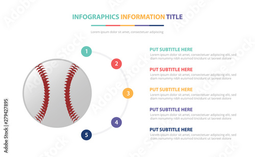 baseball infographic template concept with five points list and various color with clean modern white background - vector