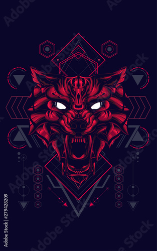 wild wolf head logo illustration with sacred geometry pattern as the background