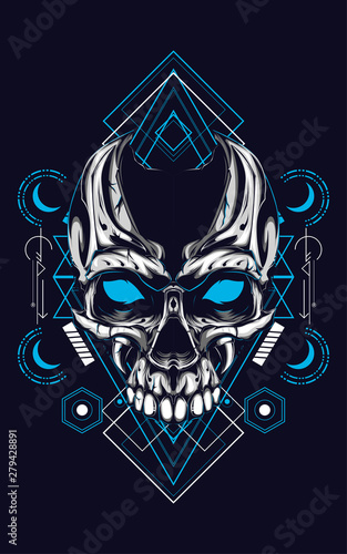 creepy skull logo illustration with sacred geometry pattern as the background