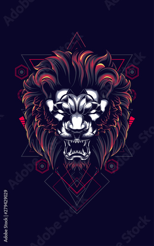 Fototapeta Naklejka Na Ścianę i Meble -  wild lion head logo illustration with sacred geometry pattern as the background