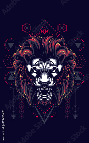 wild lion head logo illustration with sacred geometry pattern as the background
