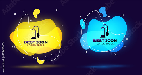 Black Penis pump icon isolated on blue background. Penis enlarger. Sex toy for men. Vacuum pump with a blower to increase the penis. Set of liquid color abstract geometric shapes. Vector Illustration