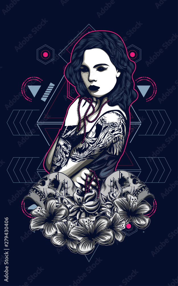 sexy tattoo women with flower and sacred geometry pattern as the background sexy tattoo women with flower and sacred geometry pattern as the background