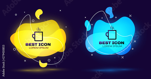 Black Coffee cup flat icon isolated on blue background. Tea cup. Hot drink coffee. Set of liquid color abstract geometric shapes. Vector Illustration