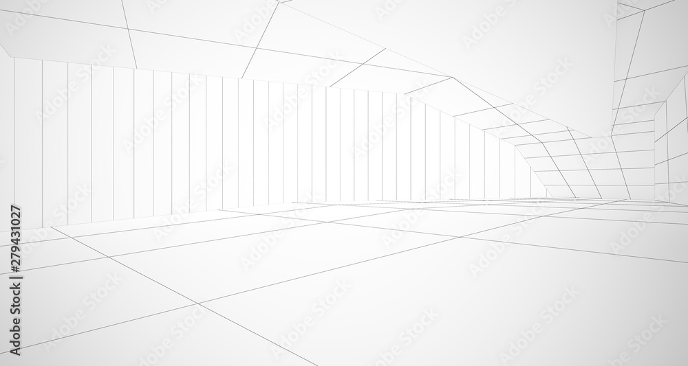 Drawing abstract architectural white interior of a minimalist house with large windows. 3D illustration and rendering. Drawing abstract architectural white interior of a minimalist house with large windows. 3D illustration and rendering.