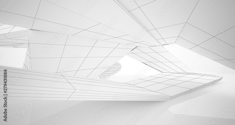 Drawing abstract architectural white interior of a minimalist house with large windows. 3D illustration and rendering.