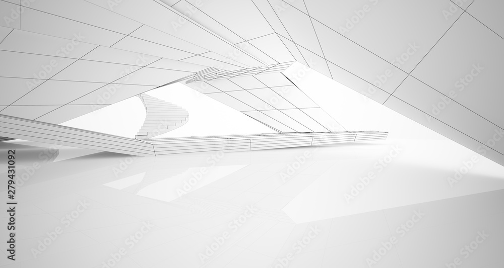 Drawing abstract architectural white interior of a minimalist house with large windows. 3D illustration and rendering. Drawing abstract architectural white interior of a minimalist house with large windows. 3D illustration and rendering.