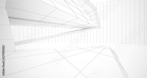 Drawing abstract architectural white interior of a minimalist house with large windows. 3D illustration and rendering.