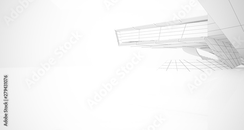 Drawing abstract architectural white interior of a minimalist house with large windows. 3D illustration and rendering.