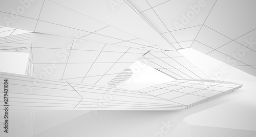 Drawing abstract architectural white interior of a minimalist house with large windows. 3D illustration and rendering.