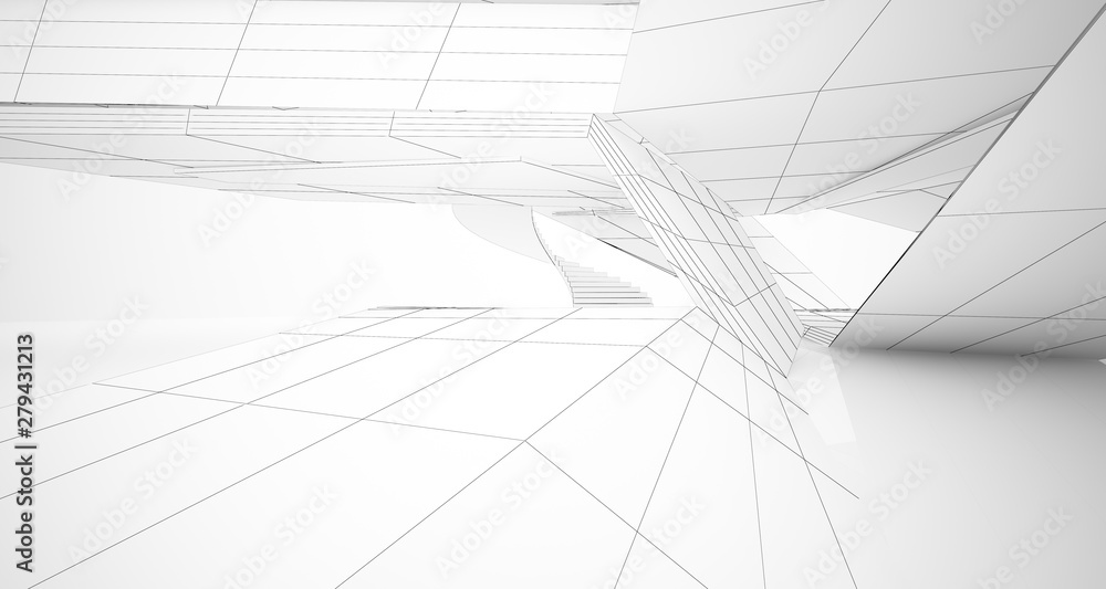 Drawing abstract architectural white interior of a minimalist house with large windows. 3D illustration and rendering. Drawing abstract architectural white interior of a minimalist house with large windows. 3D illustration and rendering.