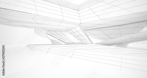 Drawing abstract architectural white interior of a minimalist house with large windows. 3D illustration and rendering.